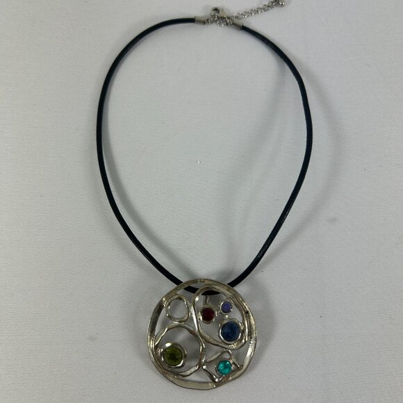 Silver Tone Round Rhinestones Pendant Corded Necklace Open Work Geometric - Picture 4 of 10